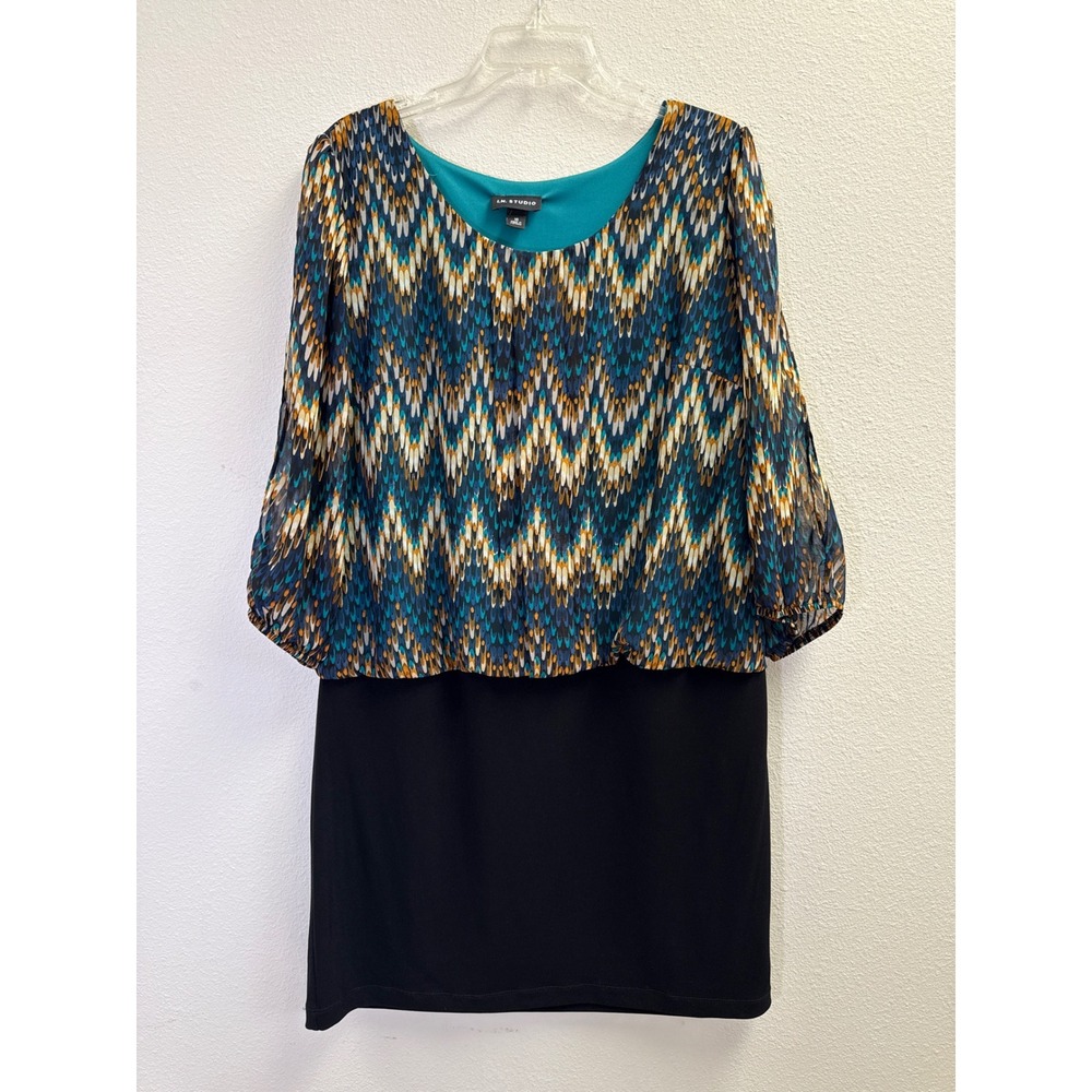 I.N. Studio Womens Size 16 Sheath Dress‎ Geometric Print Split Sleeve Black Blue
